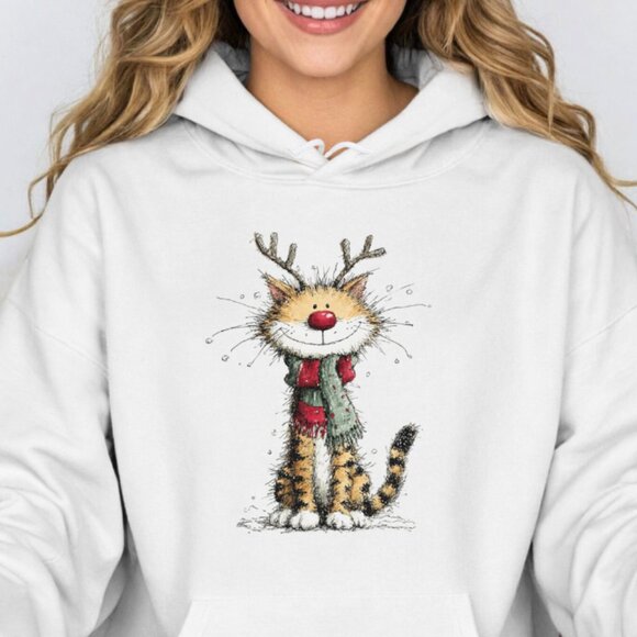 Reindeer Cat Hoodie Funny Holiday Animal Art Festive Cute Cozy Sweatshirt White - Picture 1 of 4